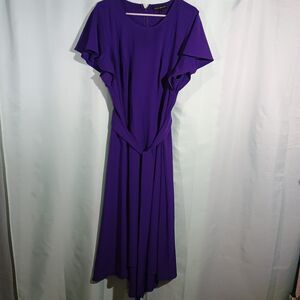 Purple Midi Dress Flutter Sleeve Tie Waist Flowy Elegant Casual Dress